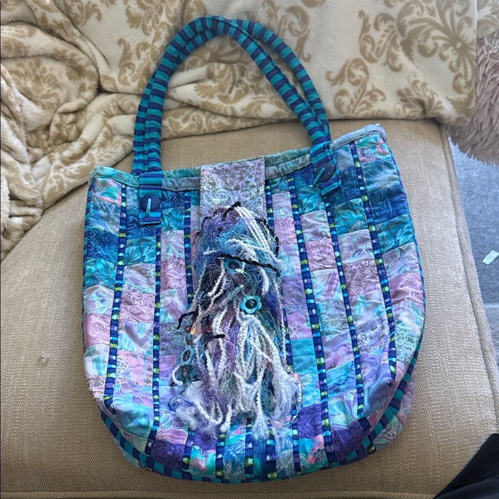 Quilted Boho Tote Bag in Teal, Purple & Aqua